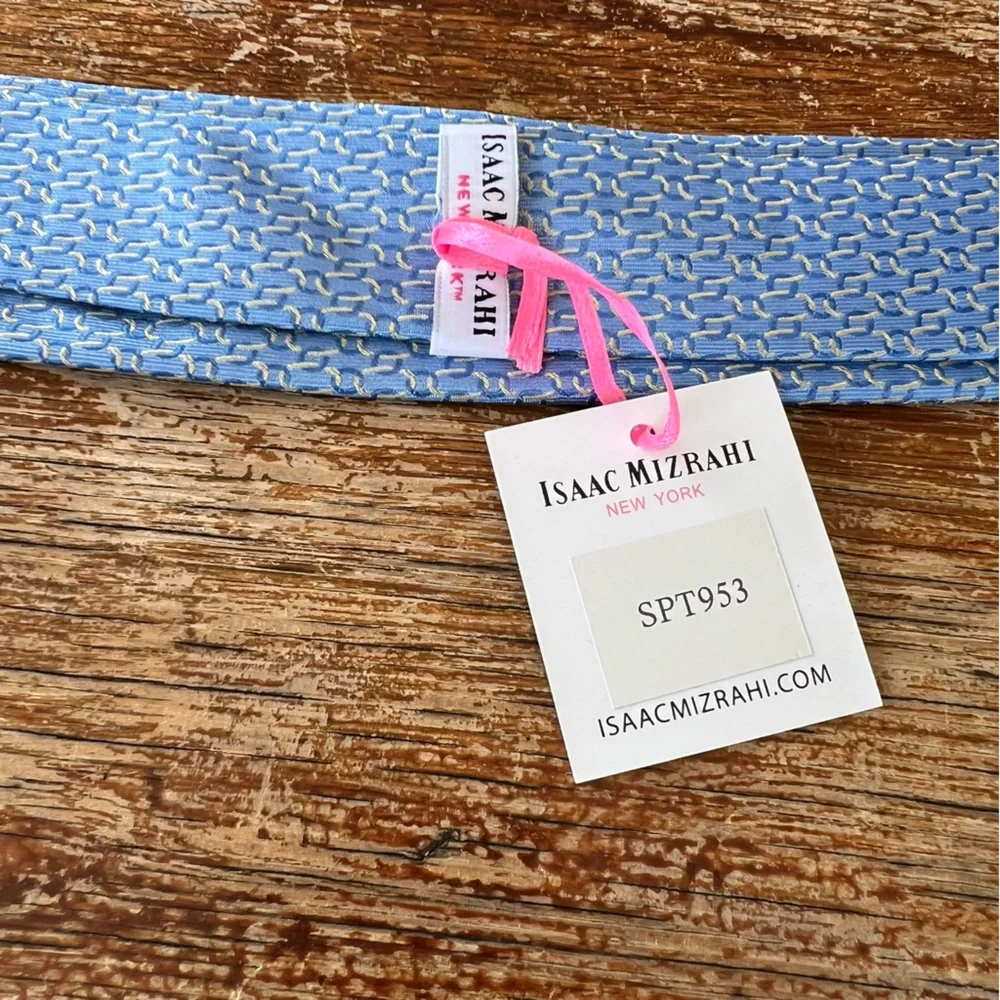 NWT Isaac Mizrahi 100% Silk Tie Blue Gold Chain Print 2.5” Wide